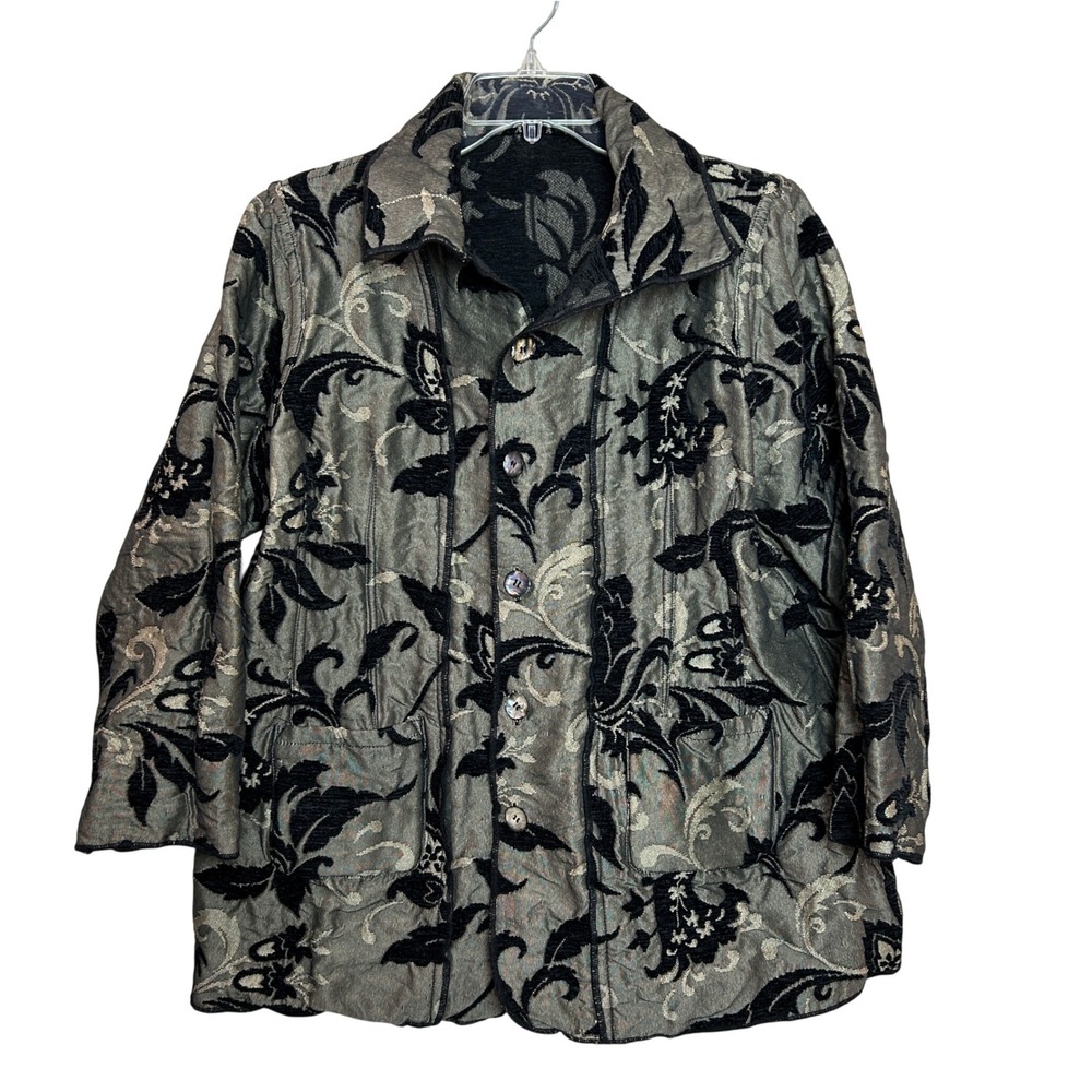 y2k Reversible Jacket Womens Large Black Silver Floral Jacquard Bohemian Artsy